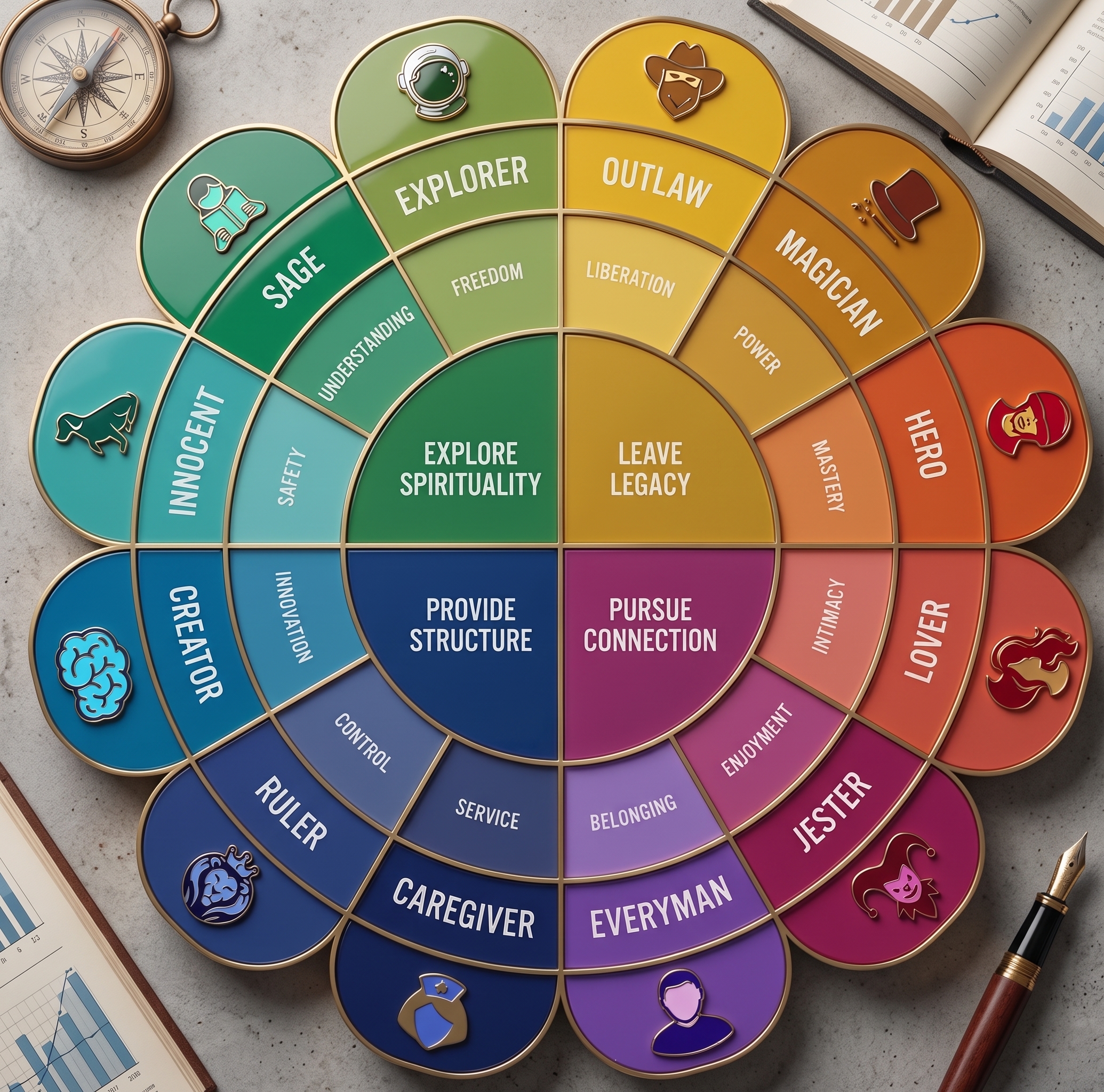 The 12 brand archetypes wheel, organised around four core motivations